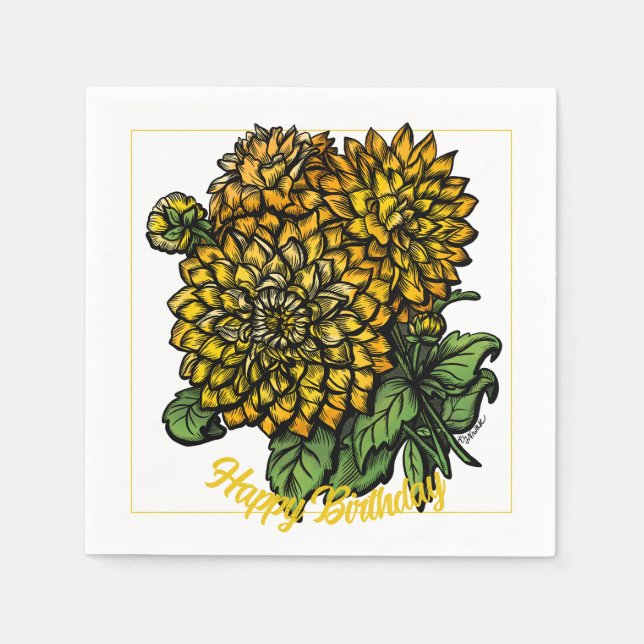 Serviette En Papier Floral Dahlias Jaune (Devant)