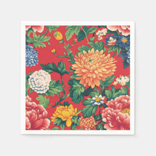 Serviette En Papier Floral de la Chinoiserie Rouge brillante