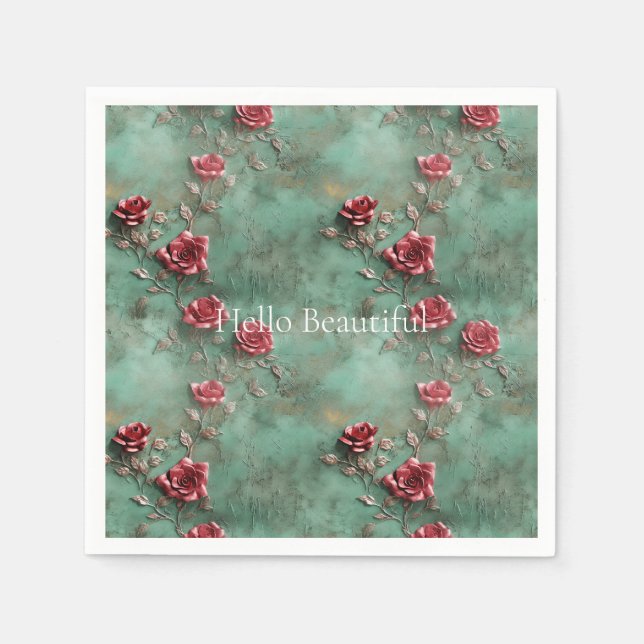 Serviette En Papier Floral de Roses rouges vertes (Devant)