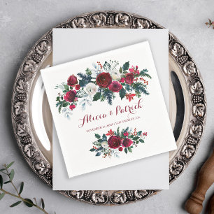 Serviette En Papier Floral d'hiver rustique bordeaux mariage vert pin