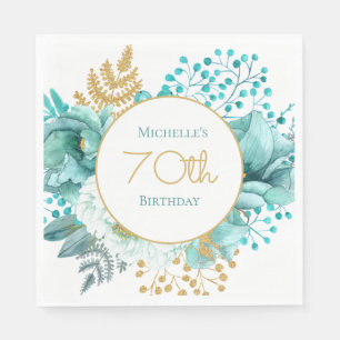Serviette En Papier Floral d'or turquoise 70e anniversaire