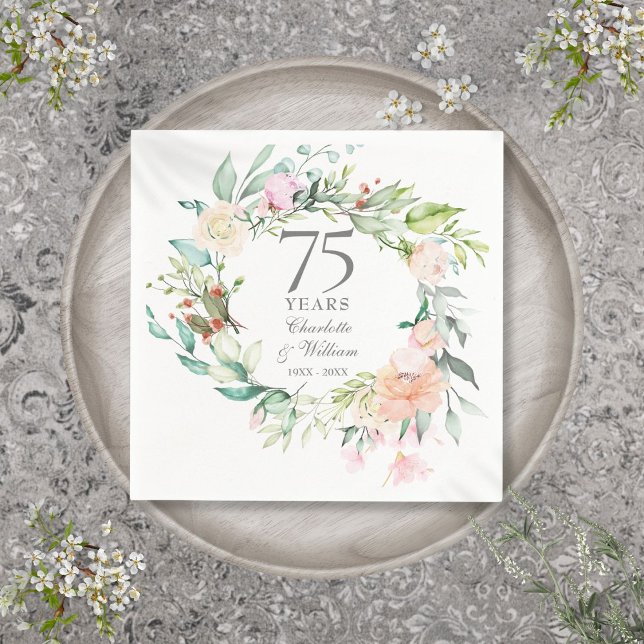Serviette En Papier Floral du Garland rose 75e anniversaire du Mariage (Roses Garland Floral 75th Wedding Anniversary Napkins)