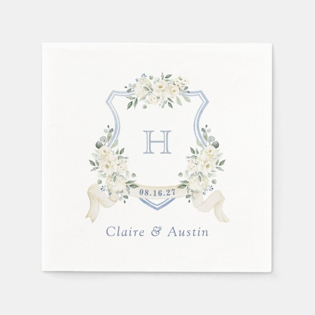 Serviette En Papier Floral Elegant Crest Dusty Blue Mariage Monogramme (Devant)