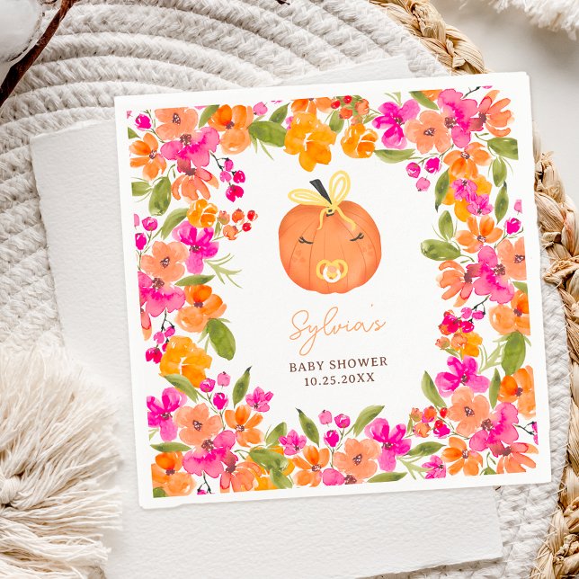Serviette En Papier Floral Fall mignon petit baby shower citrouille (Floral Fall cute little pumpkin baby shower Napkins)