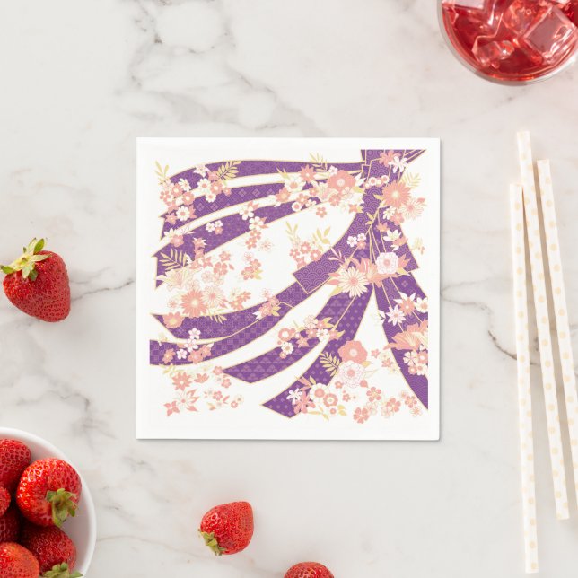 Serviette En Papier Floral Kimono Motif Violet (En situation)