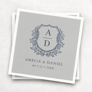 Serviette En Papier Floral Marine Blue Silver Crest Mariage Monogramme