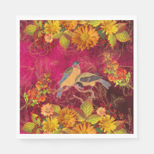 Serviette En Papier Floral & Oiseaux Orange, Rouge, Canneberge Jaune