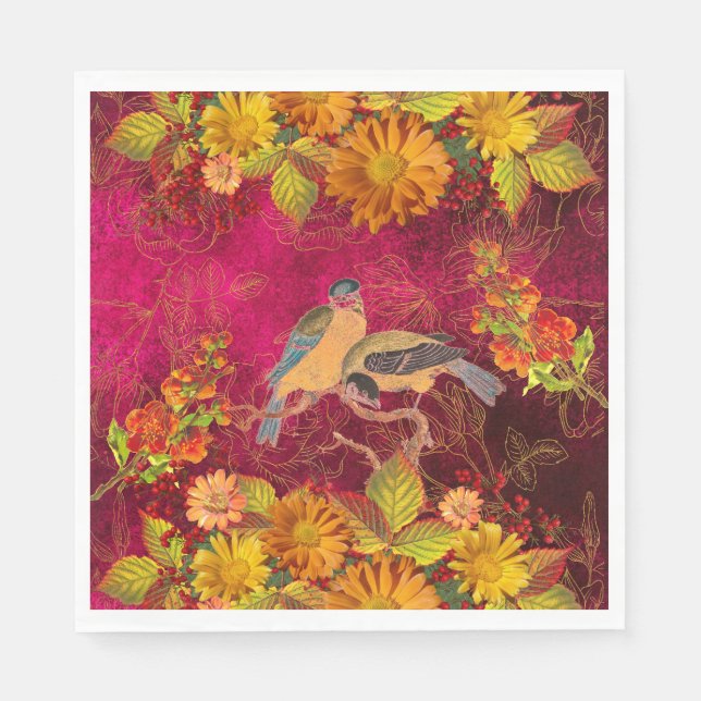 Serviette En Papier Floral & Oiseaux Orange, Rouge, Canneberge Jaune (Devant)