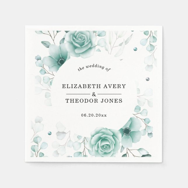 Serviette En Papier Floral Personnalisé sauge greens Mariage (Devant)