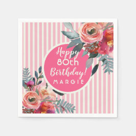Serviette En Papier Floral Pink Pastel Stripe 80e anniversaire