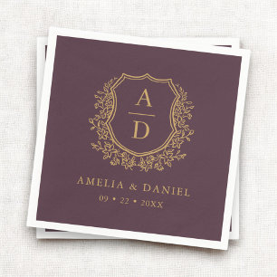 Serviette En Papier Floral Plum Purple Gold Crest Mariage Monogramme