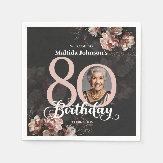 Serviette En Papier Floral rose 80e anniversaire (Devant)