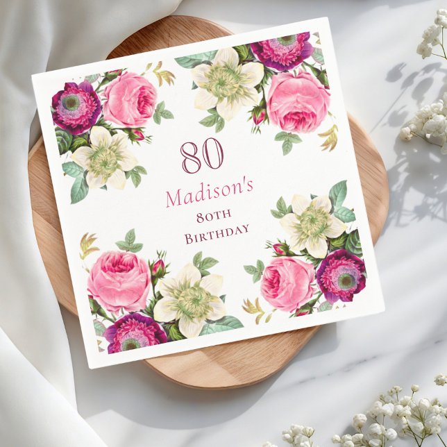Serviette En Papier Floral rose 80e anniversaire (Créateur téléchargé)