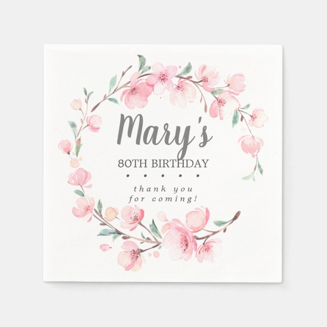 Serviette En Papier Floral rose 80e anniversaire Merci (Devant)