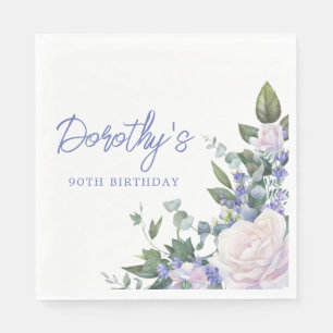 Serviette En Papier Floral Rose Blanc Bleu 90e anniversaire