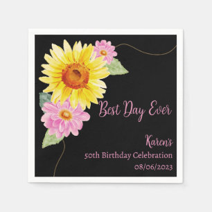 Serviette En Papier Floral rose noir jaune Monogramme Anniversaire ser