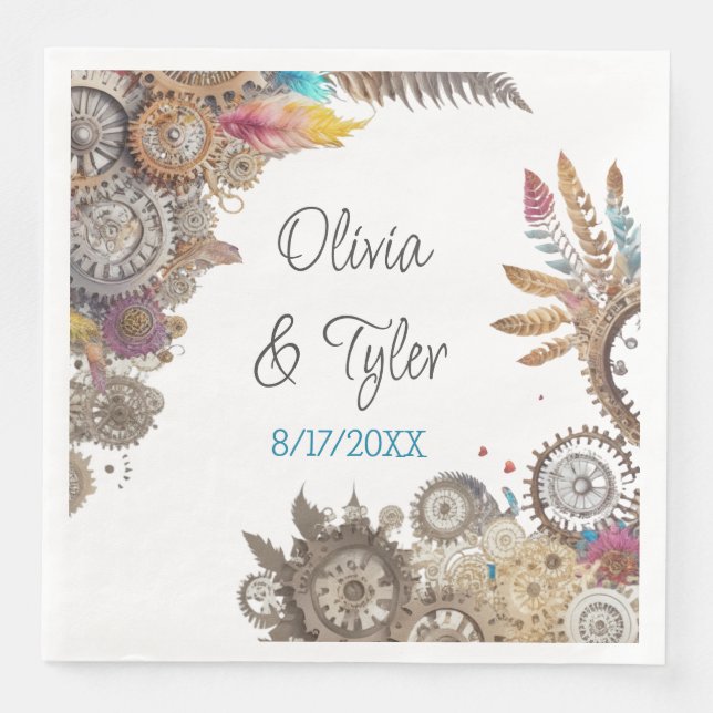 Serviette En Papier Floral Steampunk Mariage Date et noms (Devant)