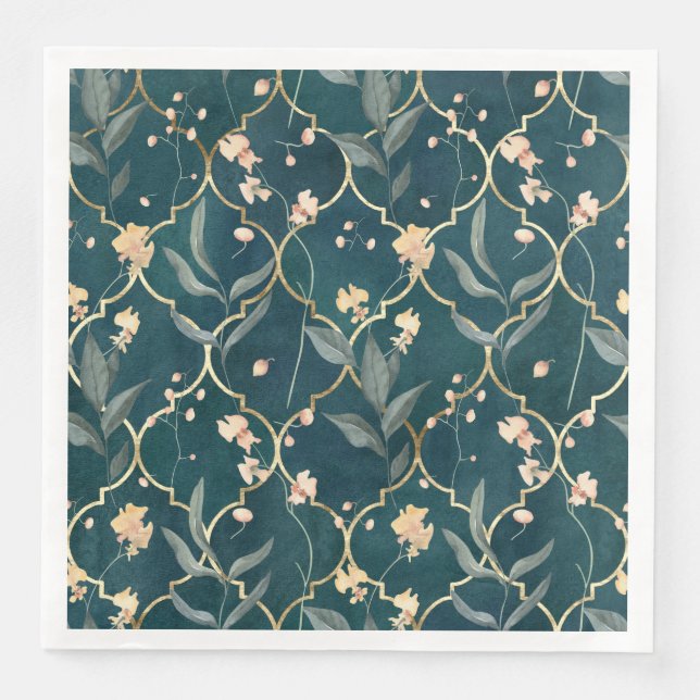 Serviette En Papier Floral vert et or (Devant)