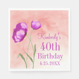 Serviette En Papier Florales rose vif, Anniversaire personnalisable