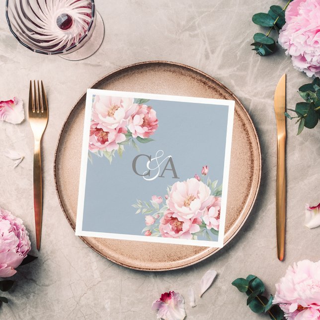 Serviette En Papier Flores de roses rose bleu foncé monogramme mariage (Créateur téléchargé)