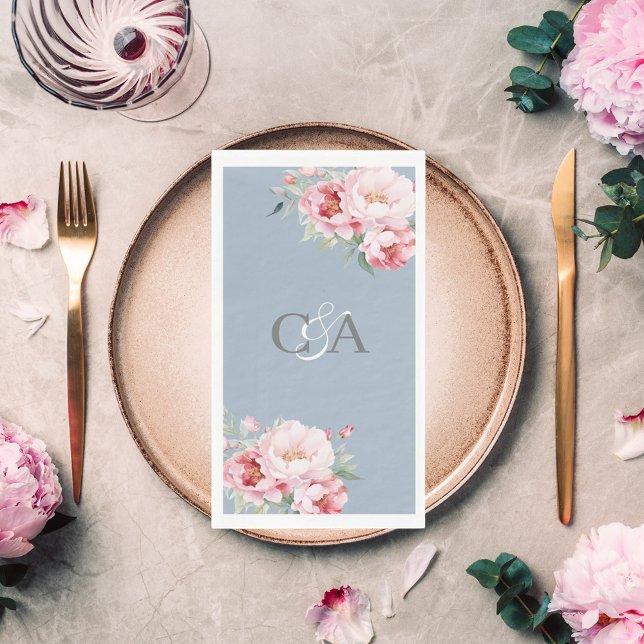 Serviette En Papier Flores de roses rose bleu foncé monogramme mariage (Créateur téléchargé)