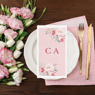 Serviette En Papier Flores de roses rose pâle mariage monogramme