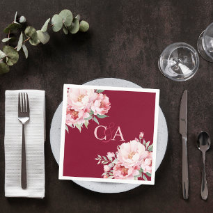Serviette En Papier Flores de roses roses de Bourgogne monogramme mari