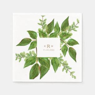 Serviette En Papier Foliage Feuille Gold Monogramme Mariage Cocktail