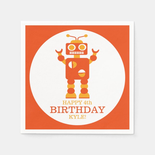Serviette En Papier Fou Orange Robot Personnalisé Anniversaire (Devant)