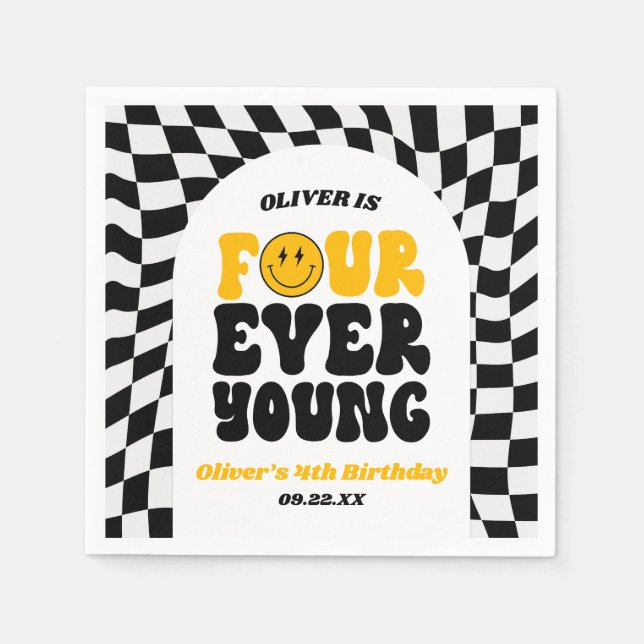 Serviette En Papier Four Ever Young Retro Fourth 4th Birthday Party (Devant)
