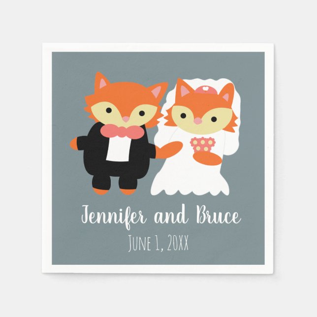 Serviette En Papier Fox Bride Groom Mariage Grey Cute Personnaliser (Devant)