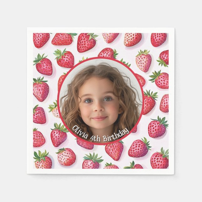 Serviette En Papier Fraise Photo personnalisée et nom Plaque papier (Devant)