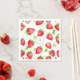 Serviette En Papier Fraises d'aquarelle moderne été monogrammé