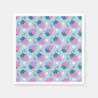 Serviette En Papier Fraises roses croquées sur serviettes bleues