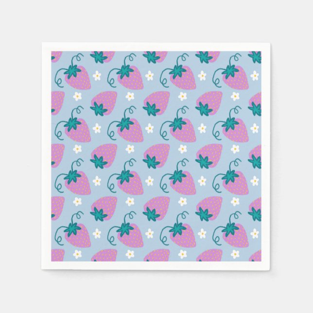 Serviette En Papier Fraises roses croquées sur serviettes bleues (Devant)