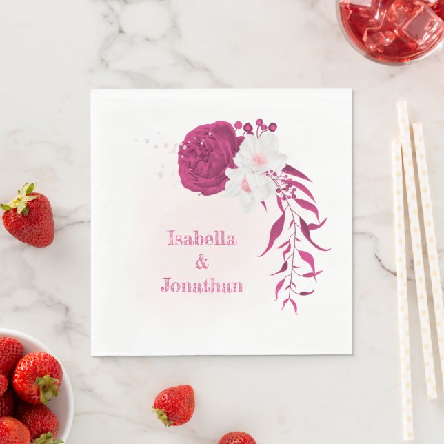 Serviette En Papier fuchsia & blanc mariage floral (En situation)