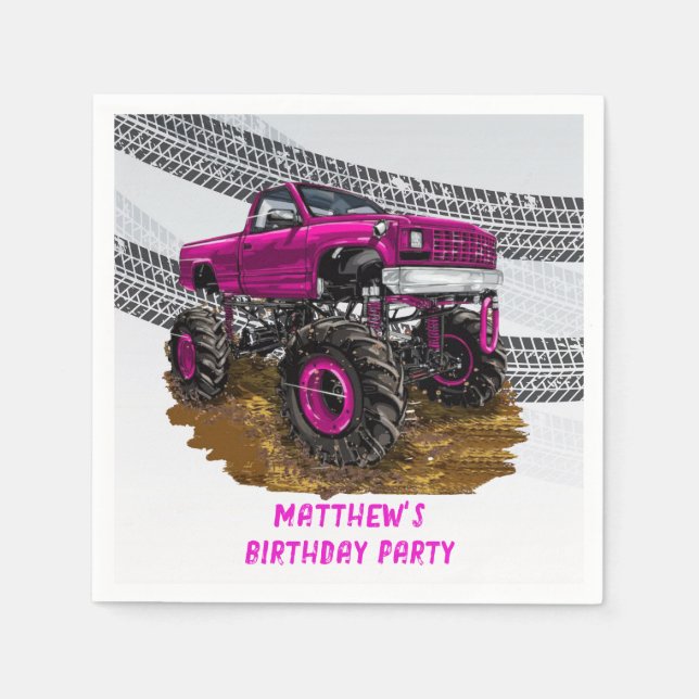 Serviette En Papier Fuchsia Monster Truck Boy fête d'anniversaire (Devant)