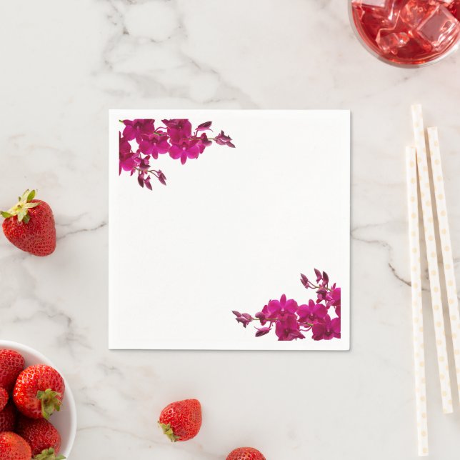 Serviette En Papier Fuchsia Orchidées sur White-Mariage- (En situation)