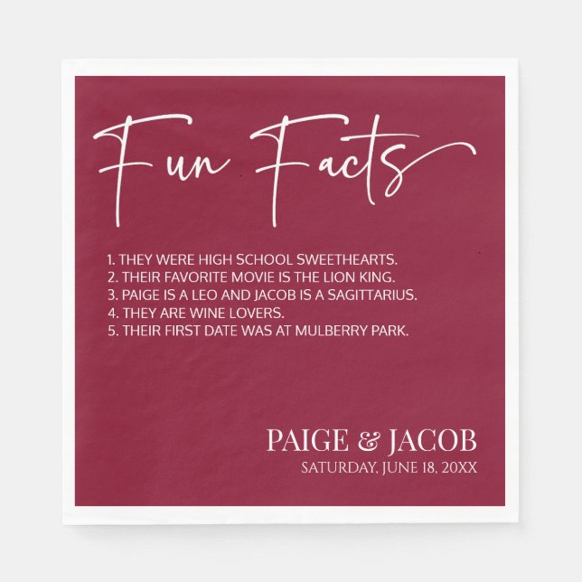 Serviette En Papier Fun Facts Burgundy Blanc Classique Minimal Mariage (Devant)