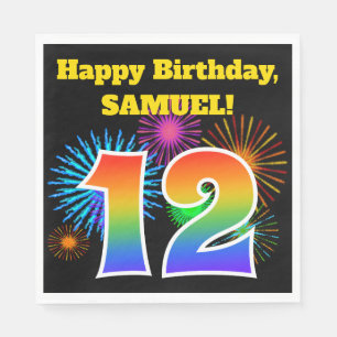 Serviette En Papier Fun Fireworks + Rainbow Motif "12" Anniversaire #
