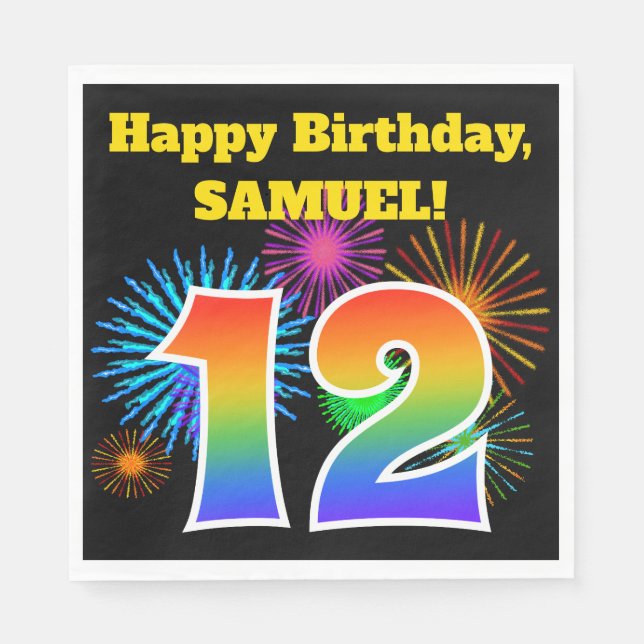 Serviette En Papier Fun Fireworks + Rainbow Motif "12" Anniversaire # (Devant)