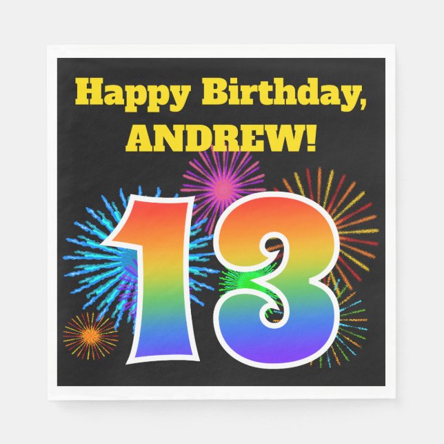 Serviette En Papier Fun Fireworks + Rainbow Motif "13" Anniversaire # (Devant)
