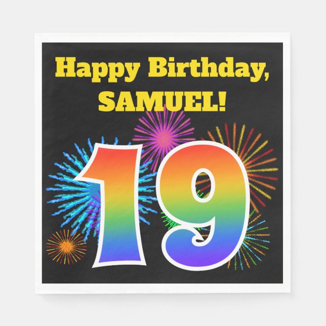 Serviette En Papier Fun Fireworks + Rainbow Motif "19" Anniversaire # (Devant)