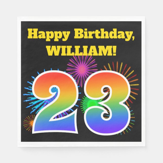 Serviette En Papier Fun Fireworks + Rainbow Motif "23" Anniversaire # (Devant)