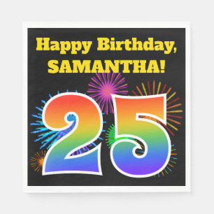 Serviette En Papier Fun Fireworks + Rainbow Motif "25" Anniversaire #