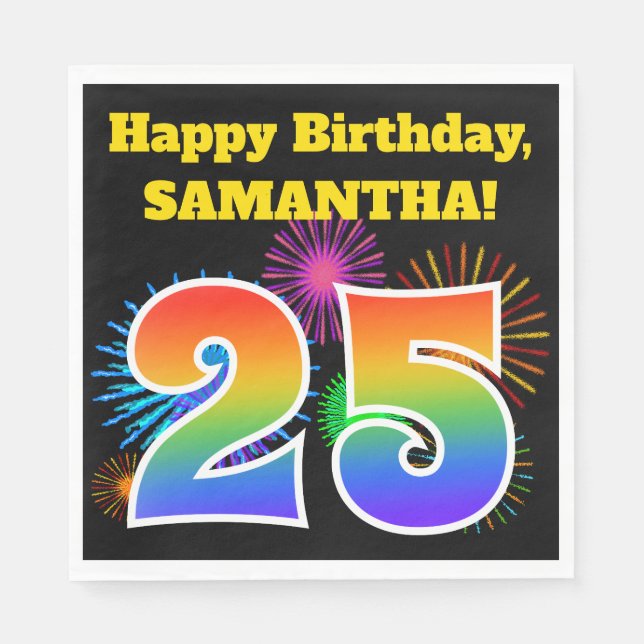 Serviette En Papier Fun Fireworks + Rainbow Motif "25" Anniversaire # (Devant)