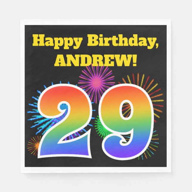 Serviette En Papier Fun Fireworks + Rainbow Motif "29" Anniversaire # (Devant)