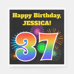 Serviette En Papier Fun Fireworks + Rainbow Motif "37" Anniversaire #