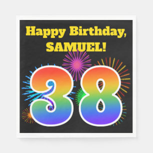 Serviette En Papier Fun Fireworks + Rainbow Motif "38" Anniversaire #