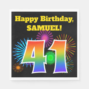 Serviette En Papier Fun Fireworks + Rainbow Motif "41" Anniversaire #